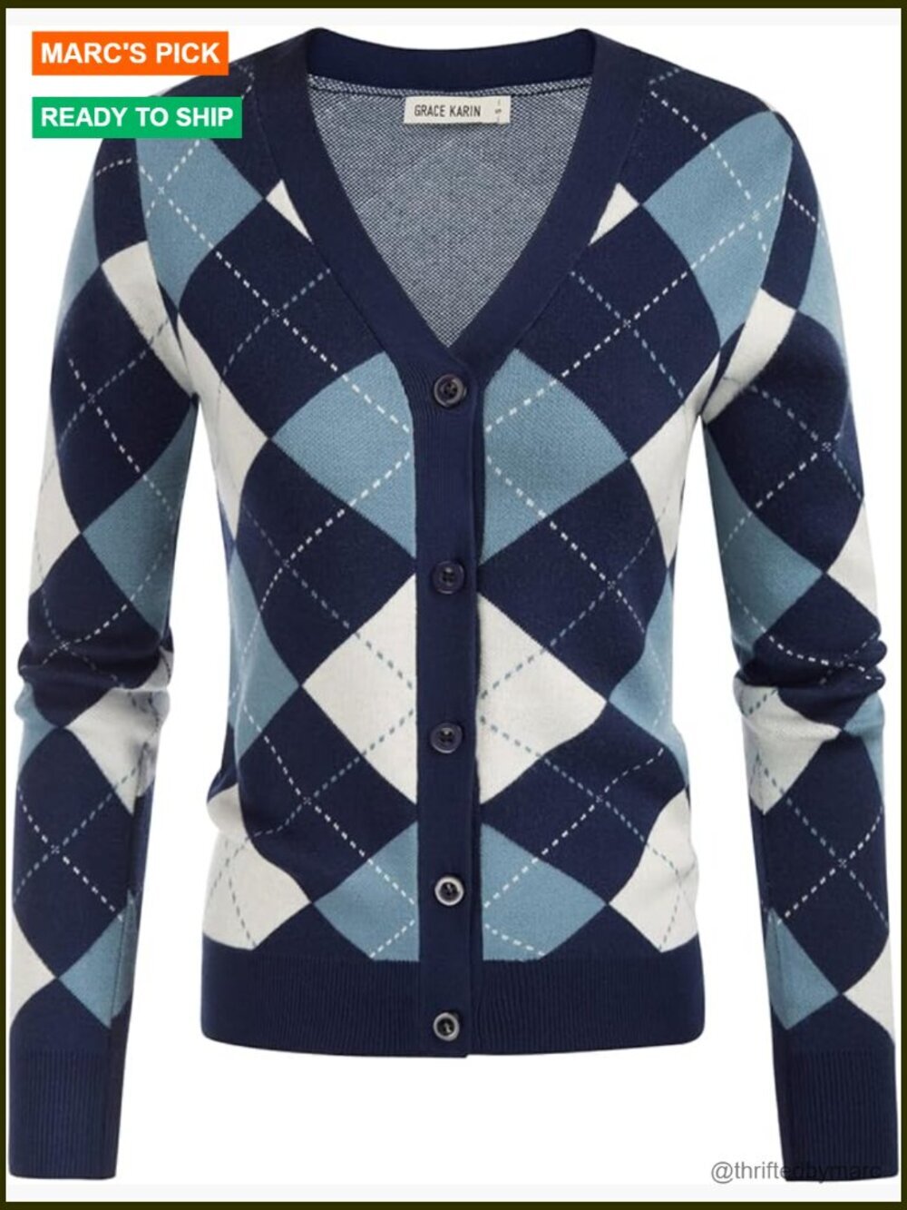 Long Sleeve Argyle V-Neck Button Up Cardigan Sweater Preppy